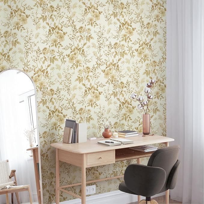 Erfoni 16.9" x197" Yellow Brown Floral Peel and Stick Wallpaper Boho Floral Leaf Contact Paper Flower Self Adhesive Wall Paper DIY Removable Decoration Wallpaper for Livingroom Accent Wall Covering