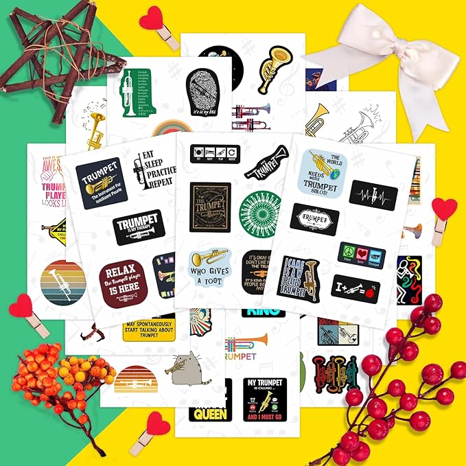 BulbaCraft Trumpet Stickers for Water Bottle and Laptop - Musical Party Supplies & Decorations, Waterproof Vinyl Instrument Decals, Trumpet and Jazz Stickers Laptop Decals, Gifts for Women & Men
