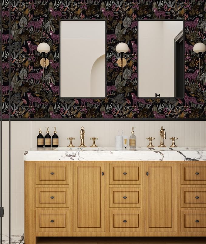 Dark Pink Vintage Leopard Peel and Stick Wallpaper 17.5" x 118" | Waterproof Vinyl Self Adhesive Removable Renter Friendly Floral Contact Paper