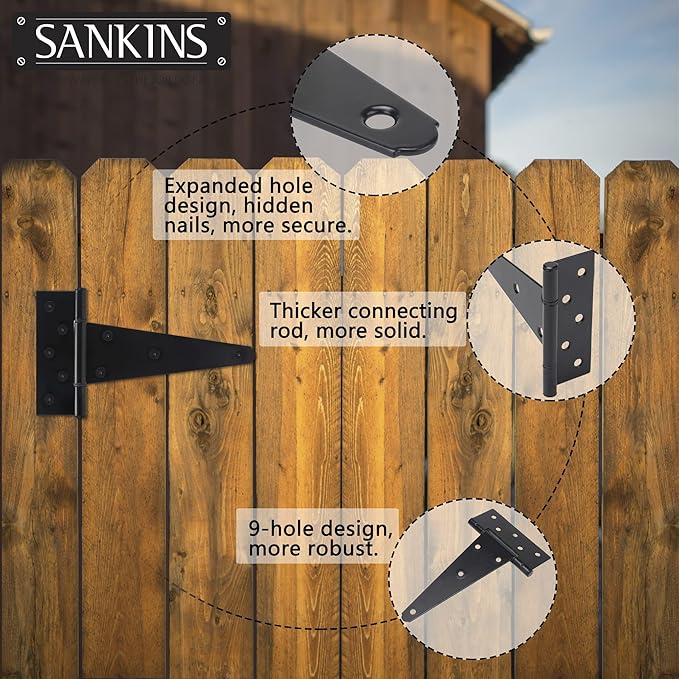 8 Inch T-Strap Shed Door Hinges Heavy Duty, Black Tee Hinge for Wooden Fences, Yard Door, Barn Door Gates, Wrought Hardware Rustproof, 4PCS