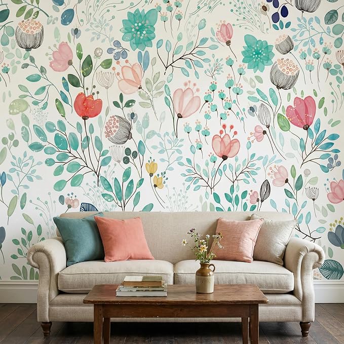 MFWFM Minimalist Floral Peel and Stick Mural Wallpaper Flowers Wall Mural | 137"x96", for Bedroom Living Room Bathroom, Self Adhesive Canvas