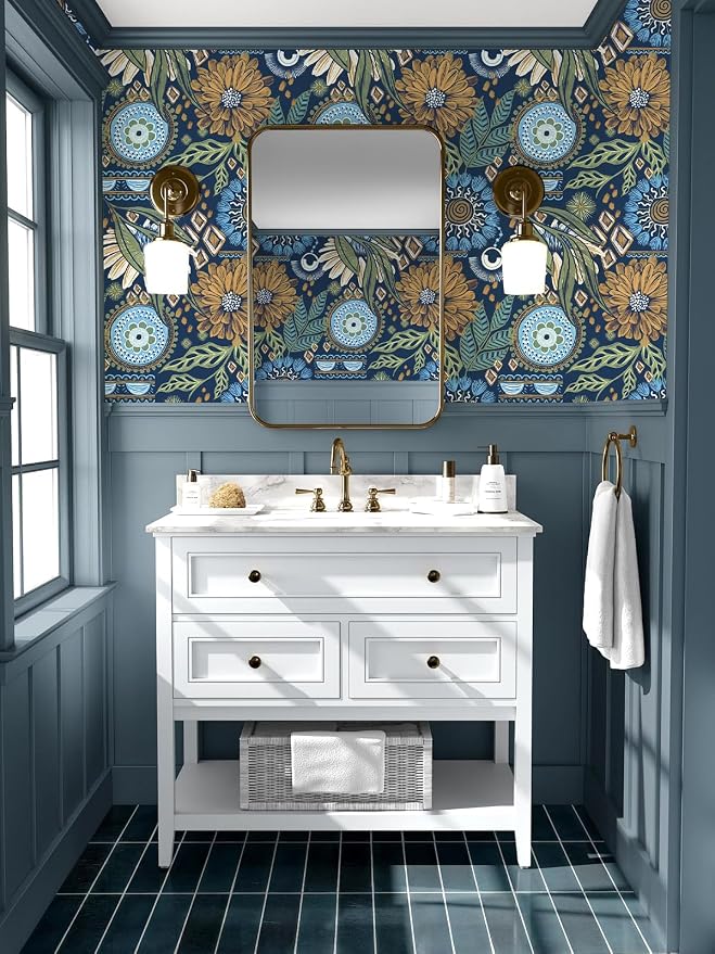 HAOKHOME Peel and Stick Wallpaper Boho Retro Floral Wall Paper Navy Blue Mustard for Bathroom Kitchen Accent Wall 17.3in x 32.8ft
