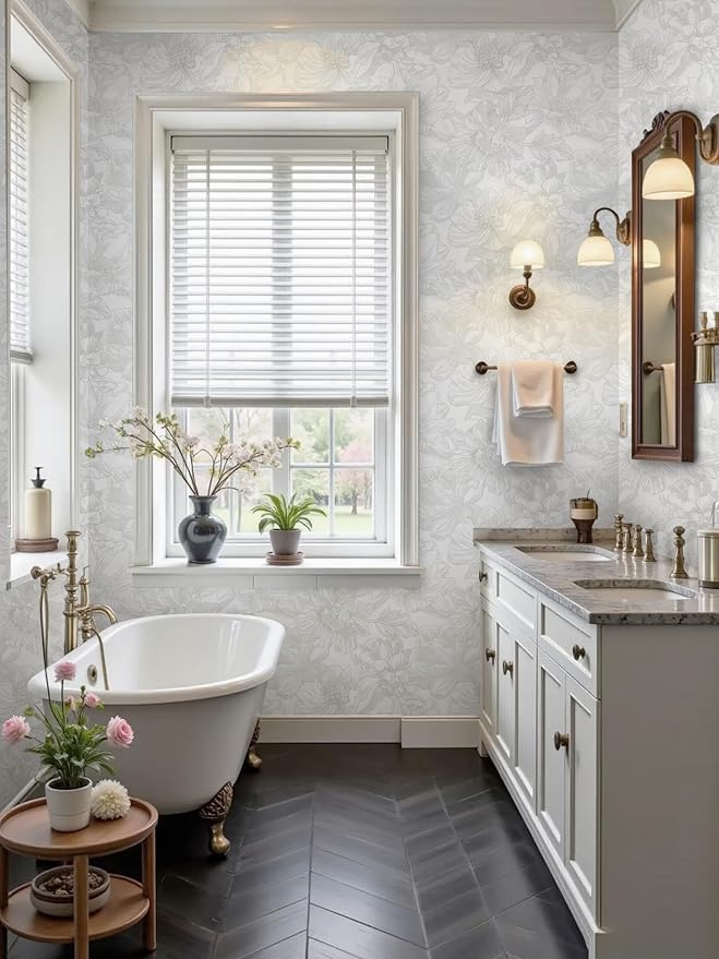 236"x17.3" Peel and Stick Wallpaper Floral Contact Paper Flower Modern White Gray Wallpaper Boho Removable Wall Paper Self Adhesive Contactpaper for Cabinets Drawers Bedroom Thicken Vinyl