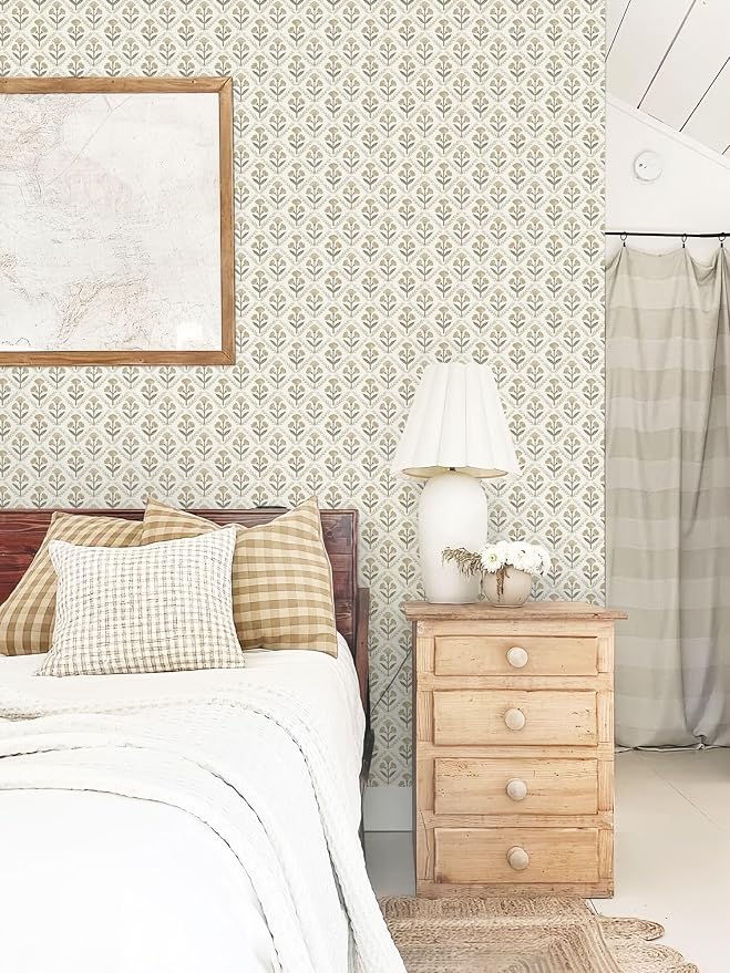 Dimoon 17.3''x78.7'' Peel and Stick Wallpaper Floral Beige Boho Neutral Cute Contact Paper Vintage Village Country Cottage Wallpaper Farmhouse Renter Friendly Geometry Waterproof Kitchen Bedroom