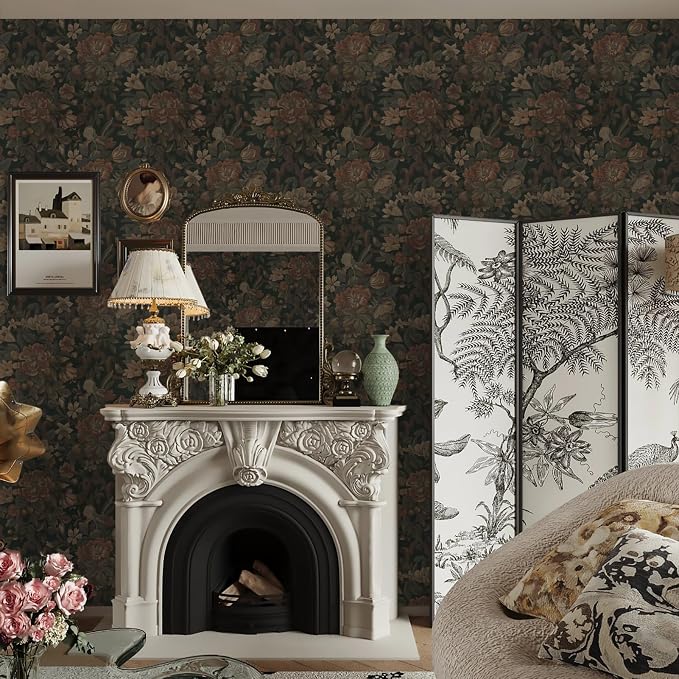 Dimoon Vintage Peel and Stick Wallpaper Dark Green Floral Wall Paper 16.1"x78.7" Retro Victorian Moody Wallpaper Renter Friendly Dark Floral Gothic Contact Paper for Bedroom Shelf Liner Vinyl Roll