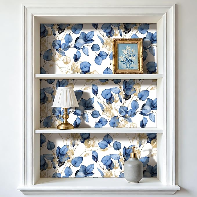 Livelynine Botanical Wallpaper Peel Stick Blue White Contact Paper 17.5x276 | botanical wallpaper navy blue gold and white watercolor eucalyptus leaf self adhesive contact paper decorative 17.5x78.8"