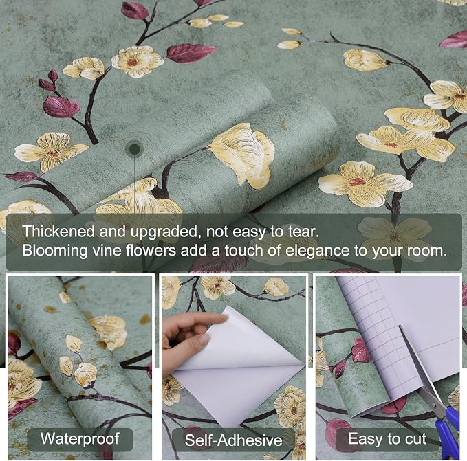 Floral Peel and Stick Wallpaper Flower Tree Contact Paper A Set of 17.5"x1200" Self Adhesive Removable Modern Sage Green Wall Paper Decorative Wall Covering Countertop Vinyl Film Roll