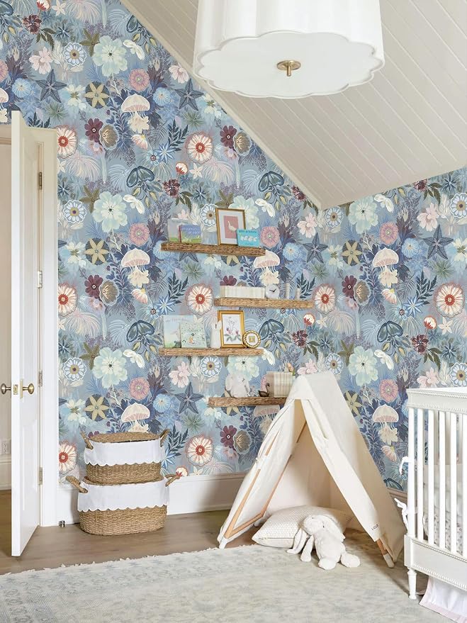 Ismoon Blue Wallpaper Peel and Stick Vintage Floral Contact Paper Jellyfish Ocean Stick on Wall Paper Removable Self Adhesive Vinyl Wallpaper for Bedroom Wall Decor Cabinet 17.3x78.7in