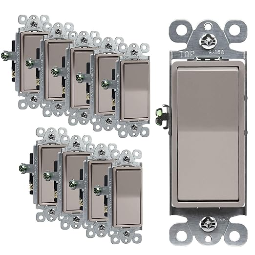 ENERLITES 3-Way Decorator Paddle Light Switch, Gloss Finish, Single Pole or Three Way, 3 Wire, Grounding Screw, Residential Grade, 15A 120V/277V, UL Listed, 93150-NK-10PCS, Nickel, (10 Pack)