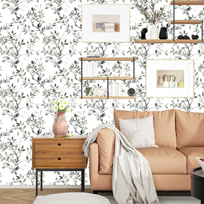 ILHIIOR White Floral Peel and Stick Wallpaper Boho Leaf Contact Paper Green Leaf Removable Self Adhesive Waterproof Wall Paper for Cabinet Drawers Wall Decor Renter Friendly 17.5''x393''