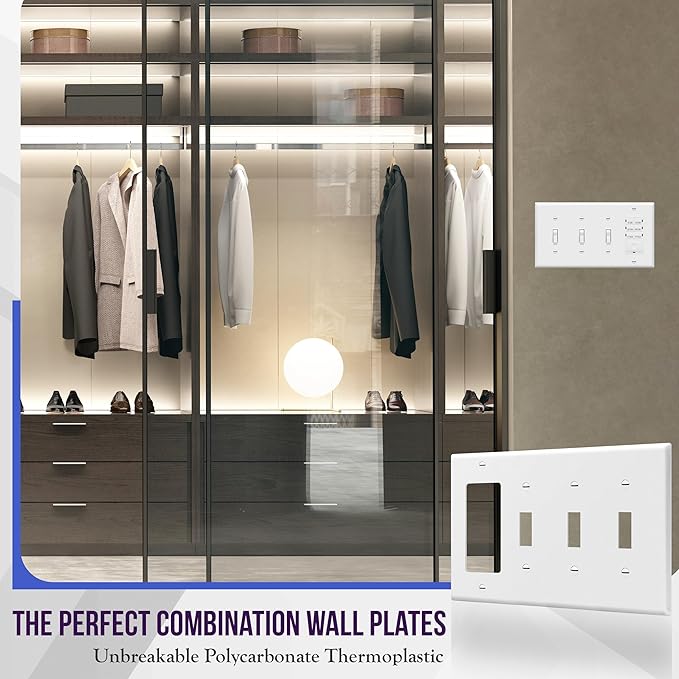 ENERLITES Combination Triple Toggle/Single Decorator Rocker Outlet Wall Plate, Standard Size 4-Gang Light Switch Cover (4.50" x 8.19"), Polycarbonate Thermoplastic, UL Listed, 881331-W, White
