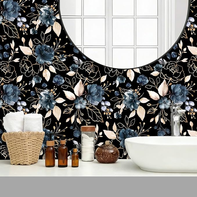 Black Gold Floral Peel and Stick Wallpaper 17.7"x393.3" | Removable thick vinyl, dark botanical design with navy blue flowers, bedroom, bathroom, renter friendly accent walls