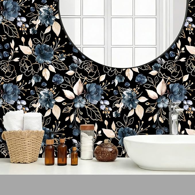 Black Gold Floral Peel and Stick Wallpaper 17.7"x78.8" | Removable thick vinyl, dark botanical design with navy blue flowers, bedroom, bathroom, renter friendly accent walls