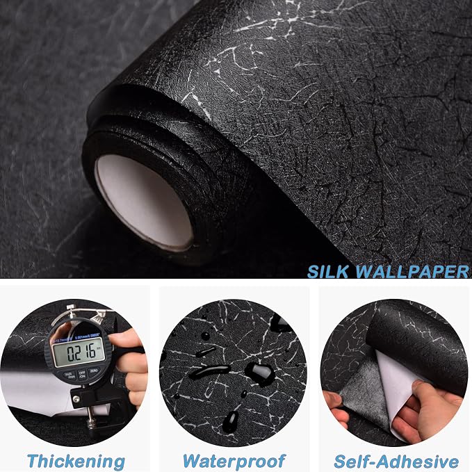 Cohoo Home Black Silk Peel and Stick Wallpaper for Bedroom Solid Black Textured Contact Paper for Cabinets and Drawers Self Adhesive Removable Wallpaper for Bedroom Embossed Waterproof 15.7inW 393inL