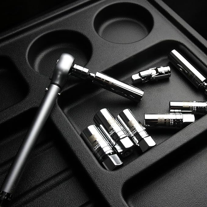 AEROFORCE 14PCS 3/8" Drive Spark Plug Socket Set – Includes 2 Magnetic Sockets (14mm, 16mm) & 5 Rubber-Grip Sockets + Torque Wrench (5-45 Lb.ft), Swivel Joint & Extension Bar – CR-V Steel