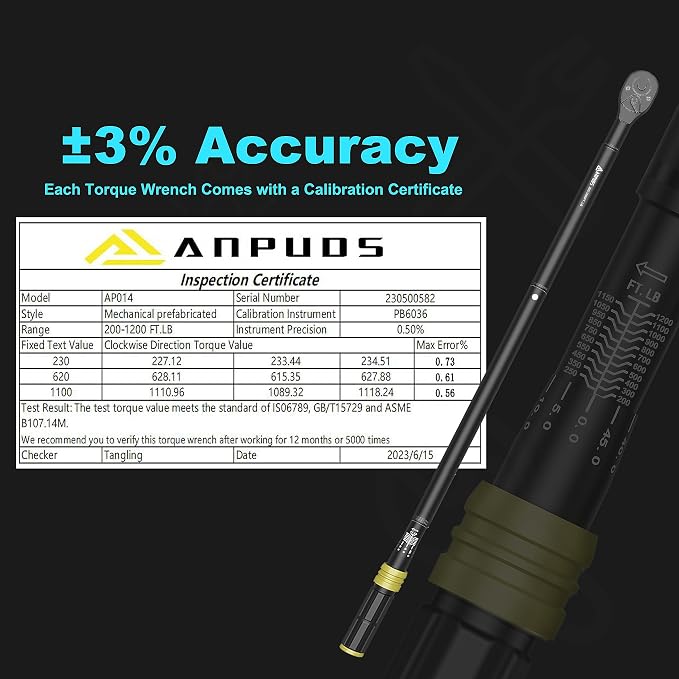 1-Inch Click Torque Wrench, 200-1200 Ft-Lb/271-1626 Nm, Heavy Duty | ±3% Accuracy, 48-Tooth Quick Release, Cr-V Steel, Dual-Direction, for Mining Truck, Marine, Oil Field & Wind Turbine
