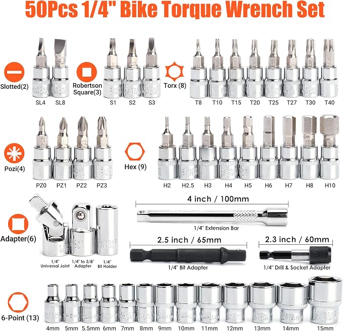 Matework 50PCS Inch Pound Torque Wrench Set, 1/4" Drive Bike Torque Wrench | 10-230 in.lb (1.1-26.0 nm), 72-Tooth Dual Direction Click Torque Wrench with Bit Sockets for Bicycle, MTB, E-Bike Maintenance