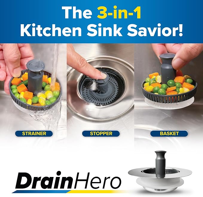 Drain Hero 3-in-1 Kitchen Sink Strainer, Stopper, & Basket | ClickLock Technology | Universal Fit 3.5" Drain Protector | Rust-Proof Stainless Steel