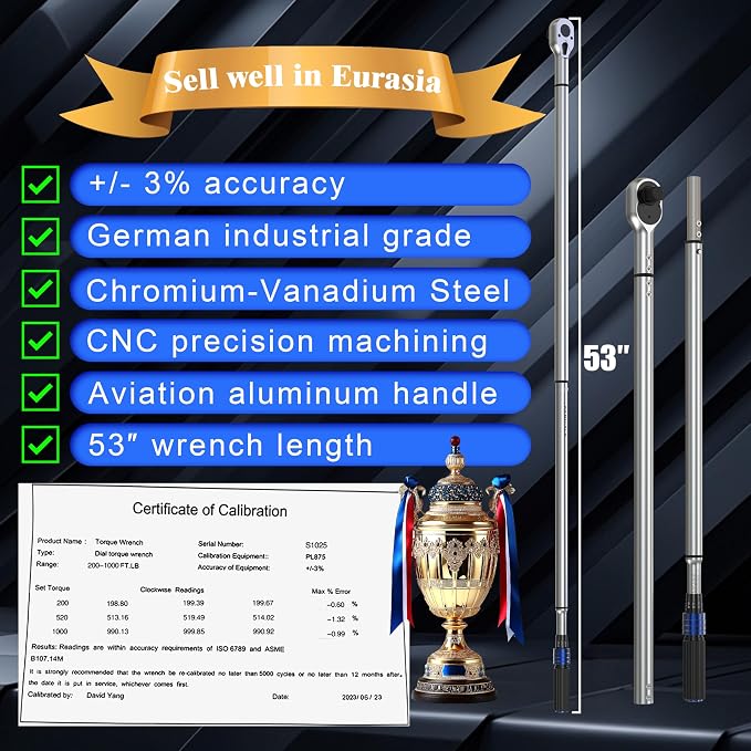 1'' 200-1000 Ft Lb Torque Wrench Heavy Duty, Dual Direction