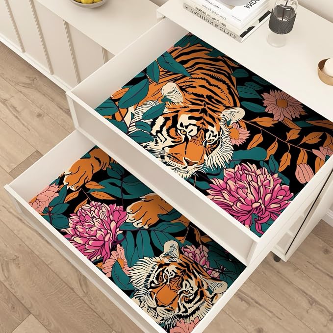 BOKEBEVE Tiger Floral Wallpaper Peel n Stick Vintage Orange 17.5 x 393.5In | Extra Long Removable Renter Friendly Jungle Tiger Wall Paper for Bedroom Bathroom Living Room Feature Accent Wall