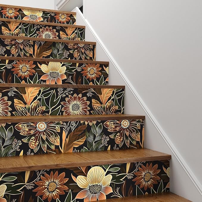 Laatse Boho Wallpaper Peel and Stick Dark Floral Wallpaper for Cabinet Vintage Contact Paper Waterproof Self Adhesive Removable Modern Wall Paper for Bedroom Stair Bathroom 17.5in x118in