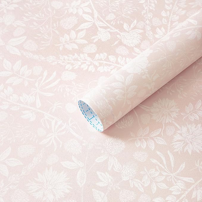 Guvana Pink and White Peel and Stick Wallpaper Floral Wallpaper Slef Adhesive Removable Waterproof Contact Paper Boho Wall Paper for Living Room Bedroom Stair Kitchen Bathroom 17.3''x197''