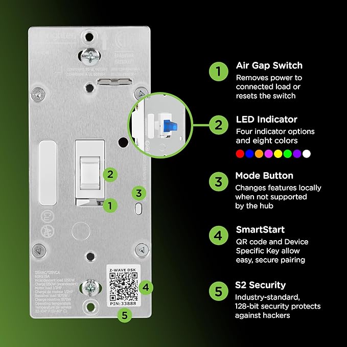 Enbrighten 800 Series Z-Wave On/Off Toggle Switch, Long Range 800LR, Quick Fit, Simple Wire, Direct 3-Way (No Add-On Switch Needed), Smart Hub Required, Compatible with Alexa, Google Home, 76592