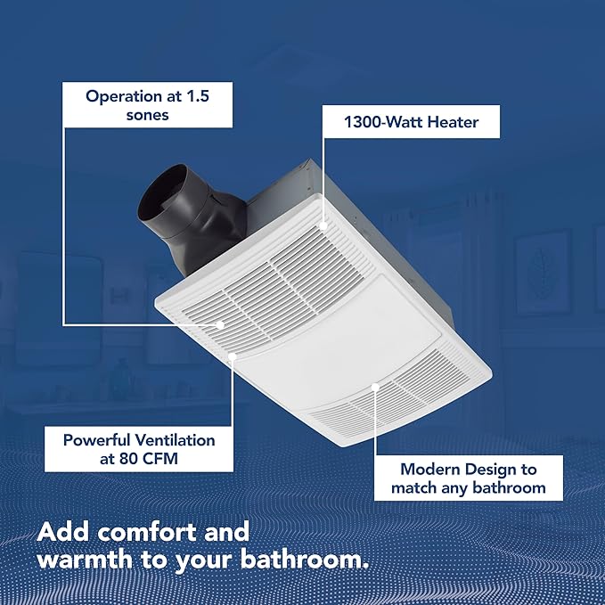 Broan-NuTone Non-Lit PowerHeat Bathroom Exhaust Fan and Heater, 80 CFM, 1.5 Sones, White