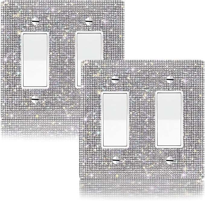 2 Gang Silver Rhinestone Wall Plate Cover, Standard Size, Toggle Switch, Screw-In Installation