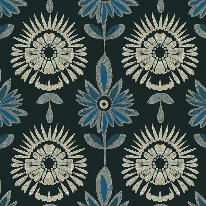 BOKEBEVE Boho Floral Peel and Stick Wallpaper Dark Green 17.5 x 393.5In | Extra Long Symmetry Contact Paper Modern Wall Paper for Bedroom Accent Walls Laundry Nursery Pantry Renter Friendly Removable