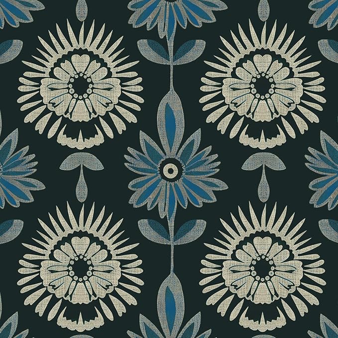 BOKEBEVE Boho Floral Peel and Stick Wallpaper Dark Green 17.5 x 118In | Symmetry Contact Paper Modern Wall Paper for Bedroom Accent Walls Laundry Nursery Pantry Renter Friendly Removable