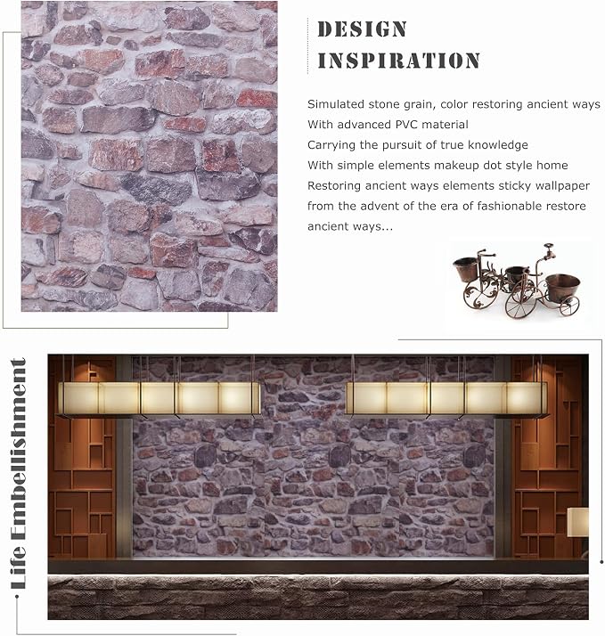 Stone Brick Wallpaper Peel and Stick Backsplash Self-Adhesive Removable Vinyl Pink Faux 3D Stone Look Wall Paper Faux Home Decorations 23.6" X 393"