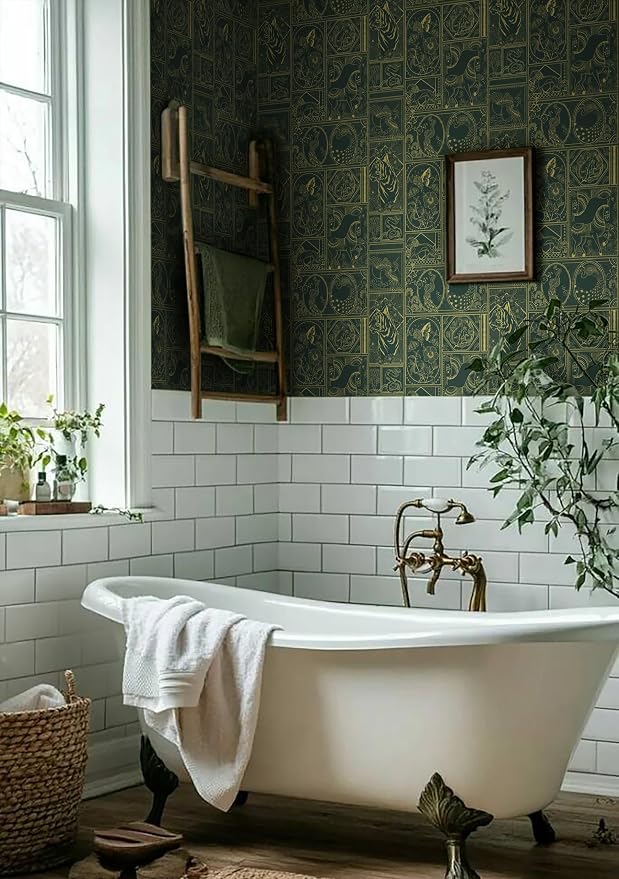 Erfoni 197"x17.7" Green and Gold Wallpaper Vintage Self Adhesive Peel Stick Wallpaper Retro Animail Pattern Contact Paper DIY Stick and Peel Removable Wall Paper Decoration Bedroom Wall Vinyl Roll