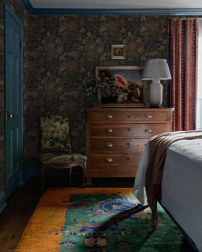Dimoon Vintage Peel and Stick Wallpaper Dark Green Floral Wall Paper 16.1"x78.7" Retro Victorian Moody Wallpaper Renter Friendly Dark Floral Gothic Contact Paper for Bedroom Shelf Liner Vinyl Roll