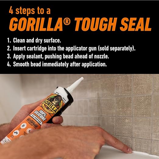 Gorilla 100% Silicone Waterproof Caulk, All‑Purpose Sealant, Mold & Mildew Resistant, Flexible Seal, White, 10 oz Cartridge (Pack of 1)