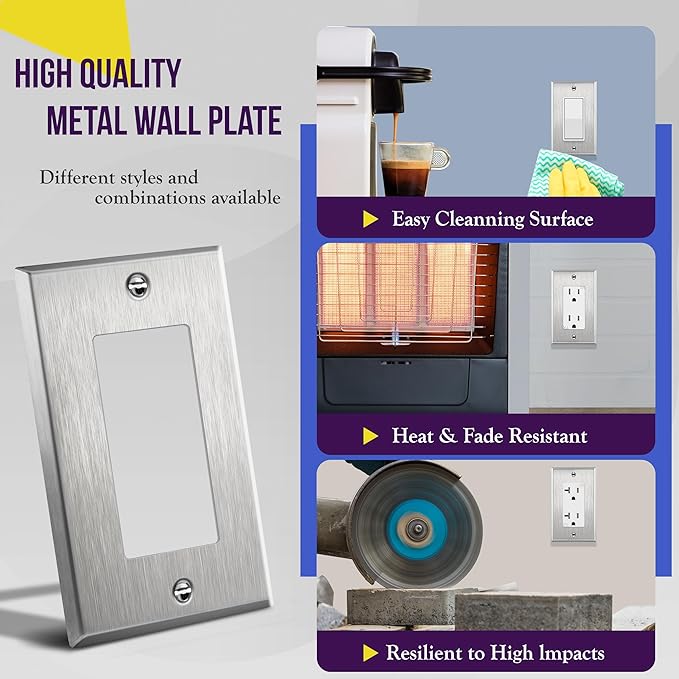 ENERLITES Decorator Switch or Receptacle Outlet Metal Wall Plate, Corrosion Resistant, Size 1-Gang 4.50" x 2.76", UL Listed, 7731, 430 Stainless Steel, Silver
