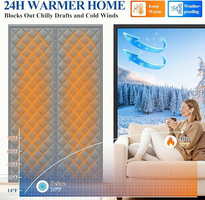 MAGZO Magnetic Thermal Insulated Door Curtain, Fits 72" x 80" Door, Gray | Curtain Size 74'' x 82'', Weatherproof Oxford Filled Cotton, Cover Insulation Kit for Sliding Glass/Patio/French Doors/Winter