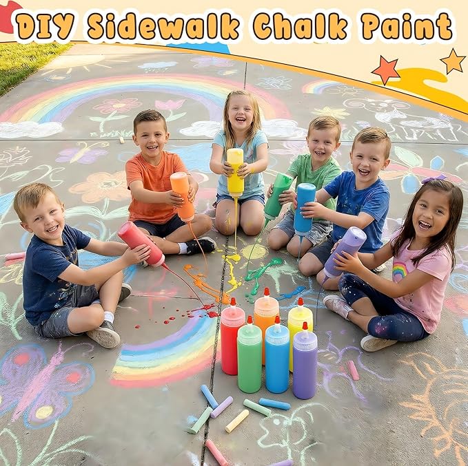 DIY Sidewalk Chalk Paint Kit for Kids Non Toxic Paint Washable Powdered Chalks with Plastic Squeeze Bottle Mix in Water 6 Vibrant Colors for Creative Sidewalk and Chalkboard Fun(6 Packs)