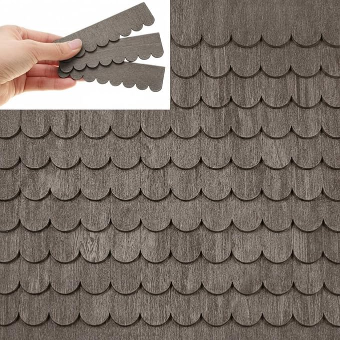 Wenqik 100 Strips Dollhouse Roof Shingles 4.25 x 1.14 Inches Each Mini Fish Scale Wooden Dollhouse Miniature Roofing for 1: 12 Scale Doll House Projects DIY Miniature Landscapes (Taupe)