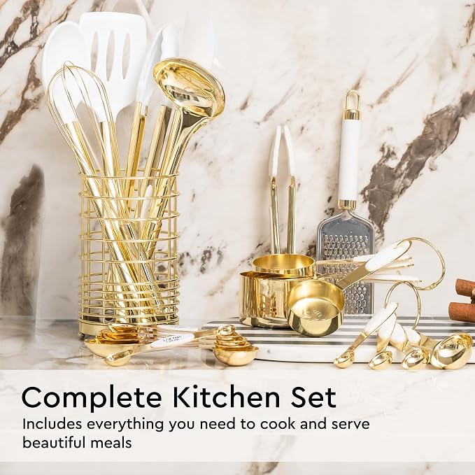 Styled Settings White and Gold Kitchen Utensils Set, 23-Piece | Stainless Steel, Gold Kitchen Accessories Include Measuring Cups, Silicone Utensils, Utensil Holder -Gold Kitchen Accessories