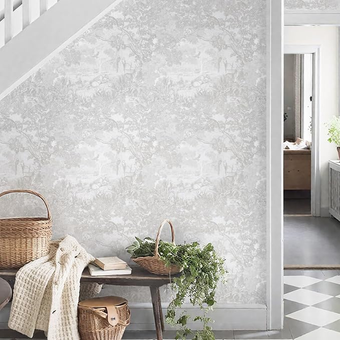 Ismoon Gray Peel and Stick Wallpaper Neutral Wall Paper 17.3in×6.56ft Vintage Removable Self-Adhesive Wallpaper Animals Jungle Contact Paper for Cabinets Bathroom Walls Covering Vinyl Roll
