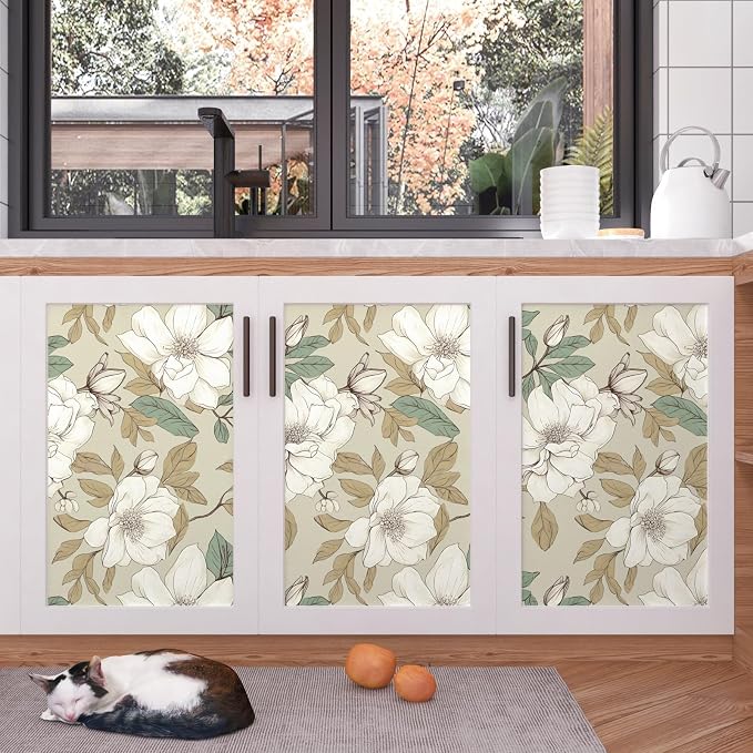 Beige Magnolia Floral Peel and Stick Wallpaper 17.5"x393" | Self Adhesive/Removable/Waterproof/Thick Vinyl Vintage Contact Paper for Bathroom Bedroom Shelf Cabinet Drawer,Prepasted