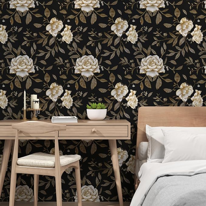 Dark Golden White Peony Floral Wallpaper Peel and Stick 17.5"x787" | Self Adhesive/Removable/Waterproof/Thick Vinyl Extra Long Contact Paper for Bathroom Bedroom Shelf Cabinet Drawer,Prepasted