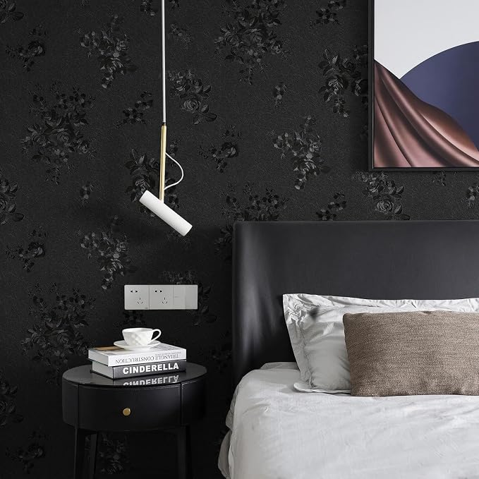 Black Peel and Stick Wallpaper Silk Embossed Floral 630inL 17.7inW | Textured Thicken Self Adhesive,Waterproof Contact Paper for Cabinets,Bedroom Bathroom Wall Decor,Renter Friendly,Easy Removal