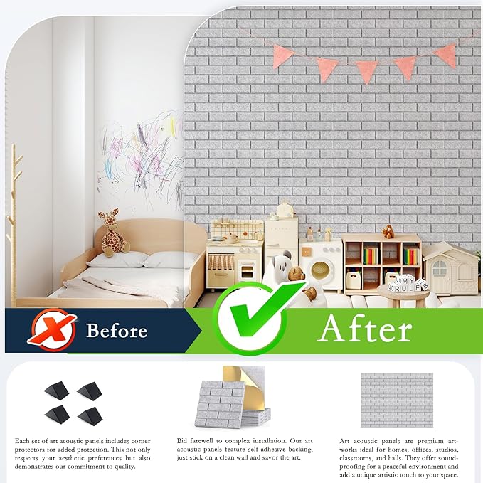 12Pack Acoustic Wall Panels, 12"×12"×0.4" Self-Adhesive 3D Brick Pattern Sound Proof Panels for Walls, High Density Decorative Acoustic Foam Sound Proofing for Recording Studios, Home, Grey