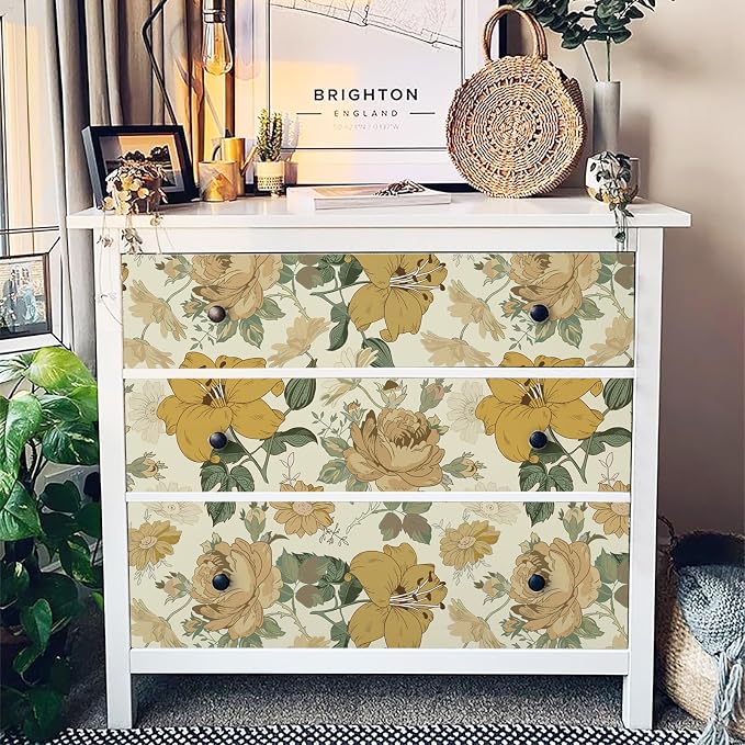 Hopepak Yellow Floral Peel and Stick Wallpaper Modern Flower Contact Paper 16.1'' x 118'' Self Adhesive Removable Waterproof Wall Paper for Bedroom Cabinets Living Room Decor