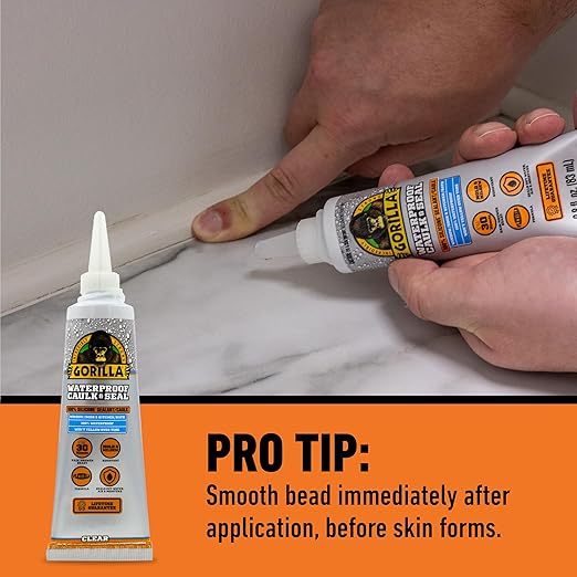 Gorilla 100% Silicone Caulk, Waterproof Sealant, 2.8oz Squeeze Tube (Pack of 1) – Clear -10 Year Mold Resistant Kitchen, Window, Bath, Marine, Door and More