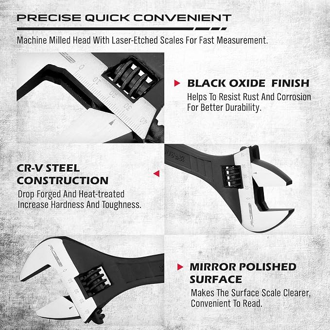 Adjustable Wrench Set Wrenches Sets: 4-Piece 6, 8, 10, 12 Inch Chrome Vanadium Steel Corrosion-Resistant Black Oxide Finish for Automotive Plumbing and Household Repairs