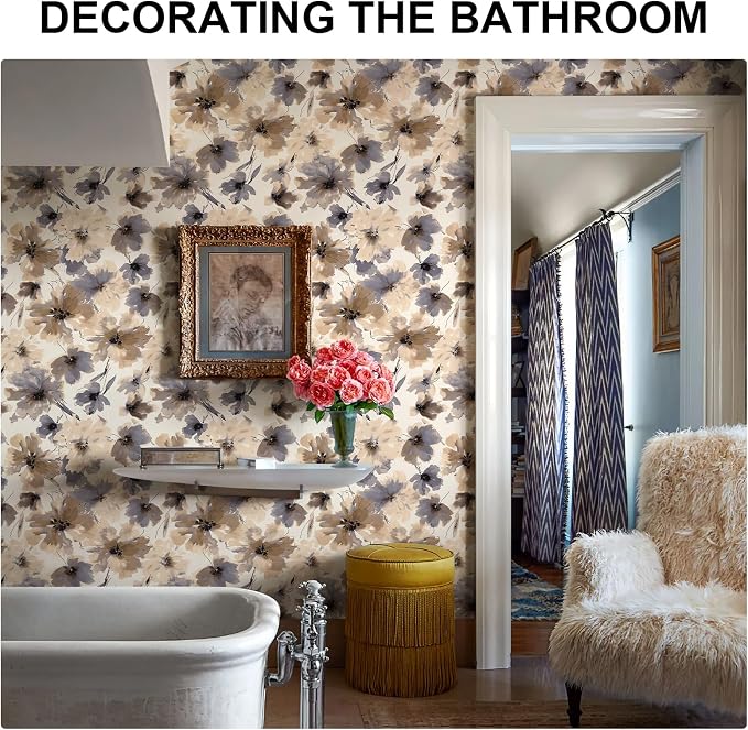 Floral Peel and Stick Wallpaper, Purple Watercolor Flower Contact Paper Peel and Stick for Bedroom Bathroom, Brown Vintage Removable Waterproof Self Adhesive Wall Paper 393"X17.3"(48.5 sq.ft)