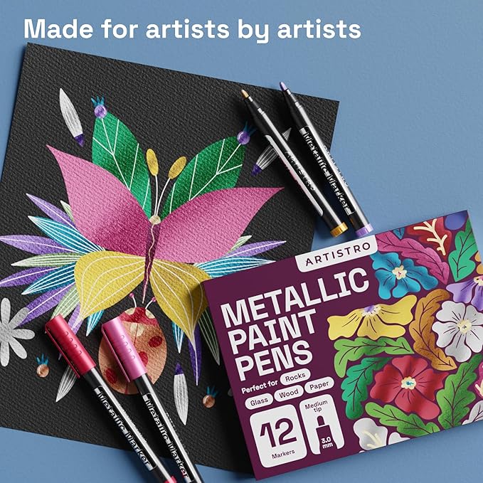 ARTISTRO 12 Metallic Paint Pens for Glass Marking, Rock Painting, Ceramic, Wood, Fabric, Scrapbooking, DIY Craft Making, Coloring - Acrylic Paint Markers Bullet Tip 2.5mm